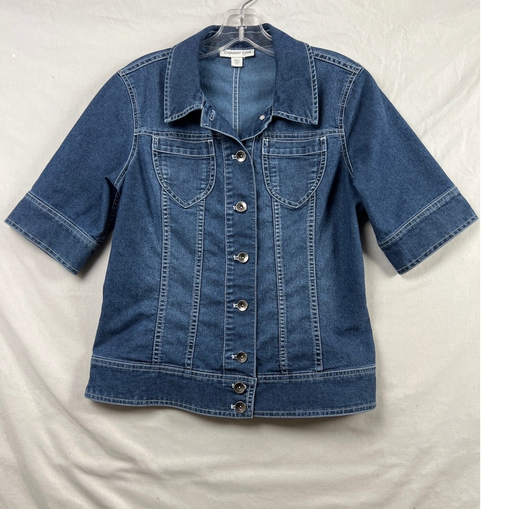 Coldwater Creek Denim Jacket Womens 8 Blue Short Sleeve Button Front Stretch